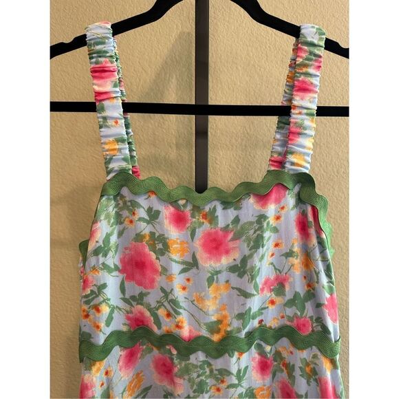 Size S Easel Los Angeles Blue Floral Contrast Wavy Trim Maxi Dress - Picture 5 of 8